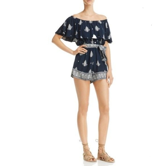 Faithful The Brand La Loma Off The Shoulder Bohemian Navy Blue Romper - Picture 1 of 8